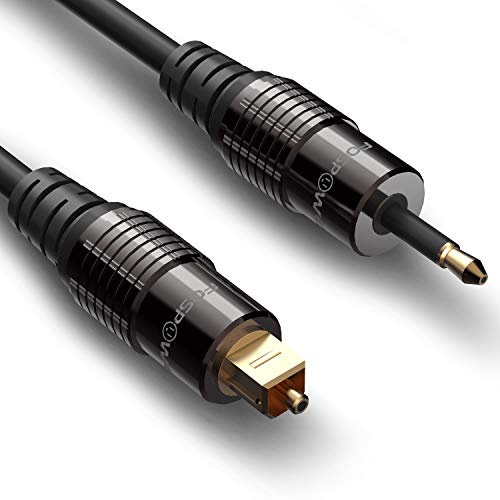 FosPower 24K Gold Plated Toslink to Mini Toslink Digital Fiber Optical S/PDIF Audio Cable with Metal Connectors & Strain-Relief PVC Jacket - 10ft