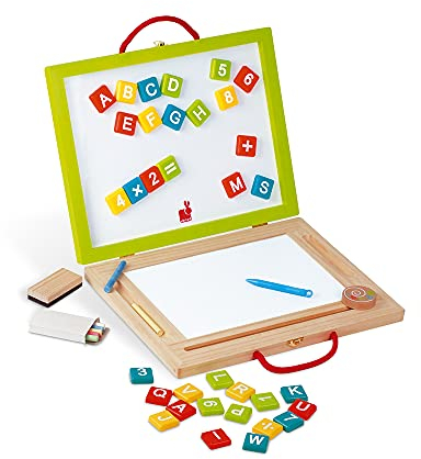 Janod - Kinder-Holzspielzeug 4-in-1-Tafel, Zaubertafel für diverse Aktivitäten, mit Zubehör und 42 Magneten, Lesen und Schreiben lernen, ab 3 Jahren, J05014