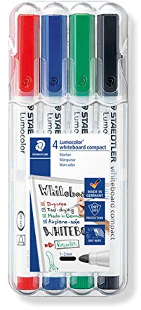 STAEDTLER Whiteboard Marker Lumocolor compact, trocken und rückstandsfrei abwischbar von Whiteboards, Universalspitze ca. 1-2 mm Linienbreite, hohe Qualität, Set mit 4 Farben, 341 WP4