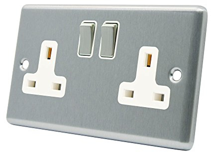 AET CSC2GSOCWS Satin Chrome Classical 2 Gang White Insert Metal Rocker Switches-13 Amp Double Plug Socket