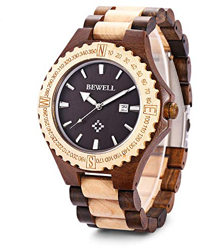 BEWELL ZS-W023A Mens Wooden Watch Quartz Movement Lightweight Handmade Calendar Analog Wrist Watch
