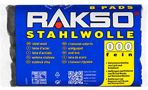 RAKSO Stahlwolle fein 000 | 200g, 8 Pads, Zwischenschliff von Lack, Schellack, poliert Kupfer, Messing & Wachs auf Holz