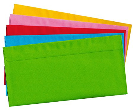 20 Briefumschläge ohne Fenster, DIN lang, bunt 5 Farben sortiert, nassklebend, Briefkuvert