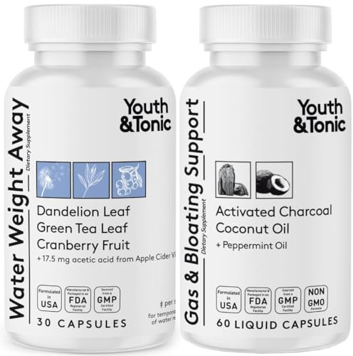 Water Weight Away & Gas and Bloating – Diuretic & Charcoal Pills for Bloating Relief – Support for Water Retention, Swollen Legs & Digestive Bloating – Peppermint & Coconut Oil – 90 Pills