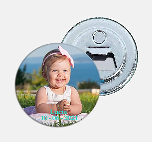 Detalles y Recuerdos de Bautizos, Comuniones, Bodas,Fiestas de Cumpleaños.Para Invitados Originales,Pack chapas personalizadas Ø 57mm (Chapa Abrebotellas con imán Ø 57 mm, PACK 60 unidades)