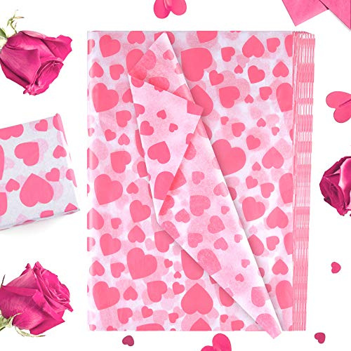 PLULON 60 Blatt Valentinstag Geschenkverpackung Seidenpapier Geburtstag, Seidenpapier für Zuhause, Küche, Basteln, Verpackungszubehör （Pink Heart） (Pink)