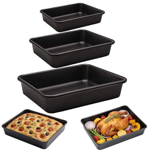 Kazozobi 3-Pack Roasting Pan Set, Nonstick Baking Tray Set, Rectangular Bakeware for Oven, Non-Toxic Coating and Durable Quality (Black)