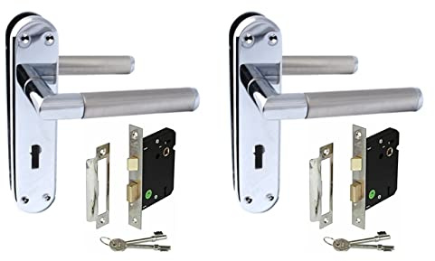 Haven Heritage ® Internal Mitred Lever Lock Door Handles in Satin Nickel & Chrome Dual Finish + Lock with Keys - Back Plate 179 x 40mm Sold in Pairs (2)