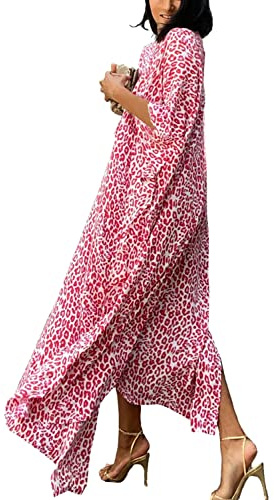 YouKD Lång sommarkaftan för kvinnor, bohemisk maxi-klänning för stranden, täckande rock, rymlig kimono, one size, A Rosafarbener Leopard, En Storlek