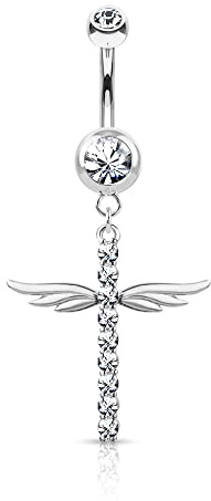 Treuheld® Bauchnabelpiercing mit Flügel-Kreuz und Kristallen | 3 Farben