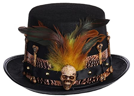 COSDREAMER Frauen Voodoo Hüte Hexe Arzt Top Hüte Totenkopf Federn Hut