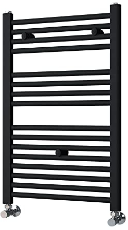 Porte-serviettes sèche-serviettes radiateur à intégrer dans un circuit d'eau chaude, tubes en acier avec finition laquée noire 800 x 500. Compatible avec un réseau de chauffage standard