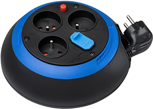 Brennenstuhl Enrouleur de câble Design-Box CL-S avec USB/Petit Enrouleur électrique 3 Prises de Courant et 2 Prises-Chargeur USB (Utilisation en intérieur, 3m de câble, fabriqué en France) Noir/Bleu