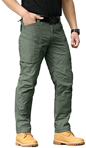 CARWORNIC Taktiska vandringsbyxor för män, lätt rip-stop, för strid, arbete, cargobyxor med flera fickor, Armégrönt, 38W x 32L