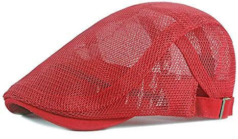QBQZXAOSOWH Barett Cap Flache Kappe Hut Atmungsaktives Netz Baskenmütze Mit Fischgrätenmuster Flache Schirmmütze Hohle Ballonmütze Einstellbar Einstellbar 52 Bis 55 cm Rot
