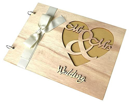 URFEDA Livre d'or de mariage - Couverture en bois - Gravure personnalisée - Couverture en bois - 44 pages intérieures - Format A4 - Livre d'or vierge - 20 x 28 cm - Cœur ou arbre - Personnalisé