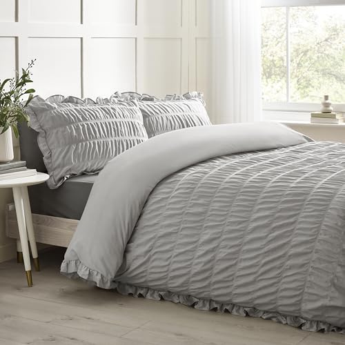 Catherine Lansfield Seersucker Rüschen-Bettwäsche-Set mit Kissenbezug, für Einzelbett, Silbergrau