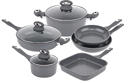 Gr8 Home Forged 9 Piece Grey Marble Carbon Steel Cookware Set Non Stick Cooking Pot Frying Grill Pan Saucepan Kitchenware with Lids New Improved Quality Stock May 2024