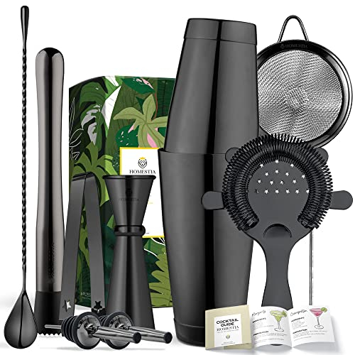 Homestia Cocktail Shaker Sets, Bartender Kit Set - 12 Pieces Stainless Steel Bar Tools with Boston Shaker Tins, Mixing Spoon, Muddler, Jigger, Hawthorne Strainer, Ice Tongs and Wine Pourers (Black)