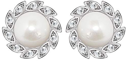 LÖB Damen Perlenohrringe 925 Silber rhodiniert mit Zirkonia Strass Steinen Perlen Blume Stecker Ohrringe Ohrstecker Brautschmuck 10mm