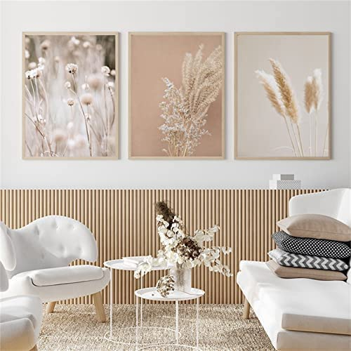 LPFNSF Set di 3 quadri da parete con fiori moderni, in tela boho beige, naturale, senza cornice. (20 x 30 cm x 3)