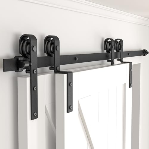 AONAYIOA 6.6 FT Bypass Sliding Barn Door Hardware Kit, Combination Track Mode Sliding Door Hardware, Double Wooden Doors Use Single Track Bypass Barn Door Hardware Fit for Door Opening 77 (6.6 Feet)