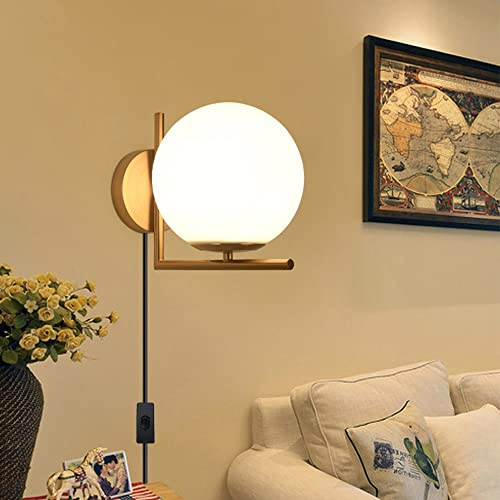 Chao Zan Wandlampe Vintage mit Stecker, Opalglas-Lampenschirm Wandleuchte mit Schalter, Wandspot Retro E27 Innen für Wohnzimmer Schlafzimmer Landhaus,Ohne Leuchtmittel (Gold)