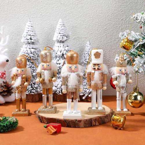 TOVINANNA 5 Pieces Christmas Nutcracker Ornament, Nutcracker Christmas Decor Wooden King and Soldier Hanging Ornaments Decorative Set-gold and Silver Glittered s