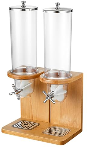 Countertop Cereal Dispenser, 4L/8L/12L Dry Food Dispenser Cereal Containers Storage Dispenser with PC Barrel and Wood Base for Home Kitchen (Beech Wood), Double