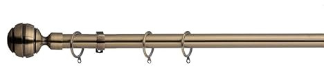 Lister Cartwright 28mm Antique Brass Fixed Metal Curtain Pole Set Rings with Ribbed Ball Finial Voile Easy fit to Outdoor, Bedroom, Living Room (120 cm)