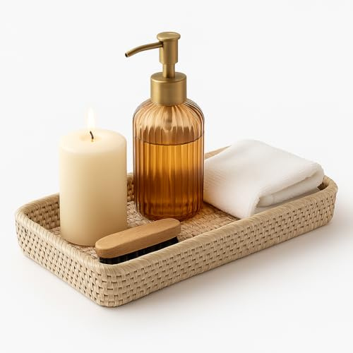 White Rattan Decorative Tray - Rustic Woven Serving Tray for Kitchen, Bathroom, Office - Storage Organiser for Napkins, Candles, Toiletries - Eco-Friendly Natural Design, Lightweight & Durable