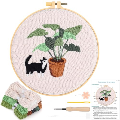 JSRQT Kit de inicio de aguja de perforación con patrón de gato, kit de bordado de aguja de perforación para adultos y niños, kit de manualidades para principiantes con aro de bordado, instrucciones