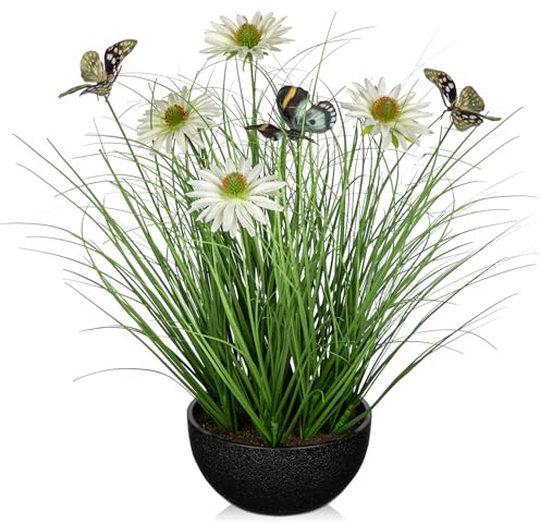 Oairse Artificial Plants Indoor with Pot 17.3 Fake Potted Plants Artificial Onion Grass Plant with White Daisies Flowers, Butterflies Small Faux Plant Indoor for Home Living Room Table Shelf Decor