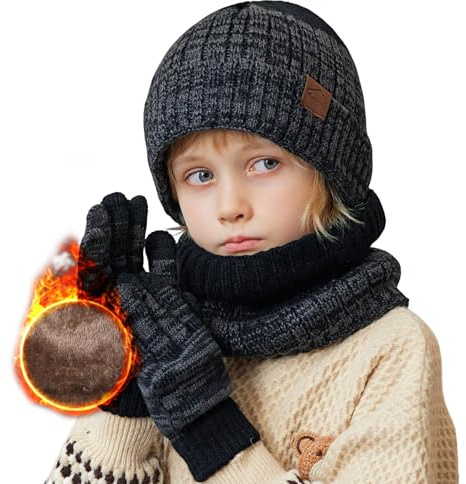 Wintermütze Kinder Schal Handschuhe 3PCs Fleece Gefüttert Beanie Strickmützen Warmem Mütze, Schal & Touchscree Handschuhe-Sets Verdicken Fleece Thermisch für Jungen Mädchen
