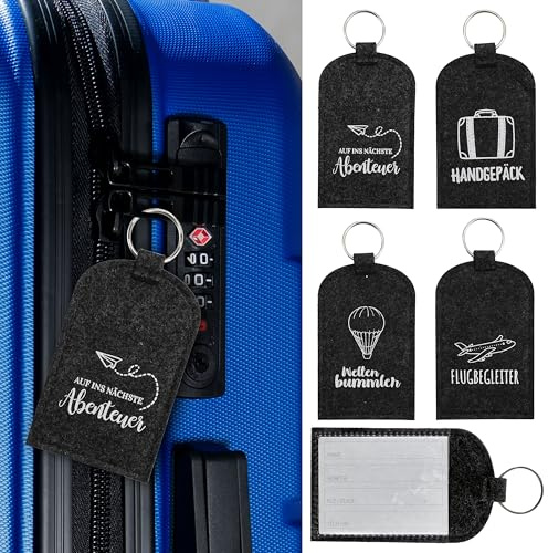Kofferanhänger 4er Set mit Aufdruck | 7x12cm anthrazit 100% Polyester Filz | Gepäckanhänger mit Schüsselring Namensfeld
