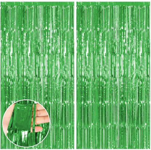2Pcs 3.3ft *6.6ft Tinsel Foil Fringe Green Tinsel Curtain Party Decorations Door Curtains Foils Fringe Curtains Streamers Backdrop Foil Curtain for Birthday Party Wedding Holiday Decoration