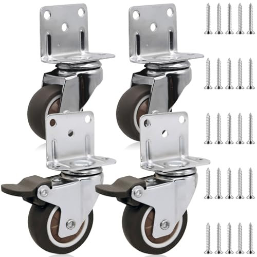 4 ruedas para muebles, ruedas giratorias de goma en forma de L de 50 mm con freno, 360 ° rotativas, carga pesada, 100 kg capacidad, fijación lateral para muebles para cama