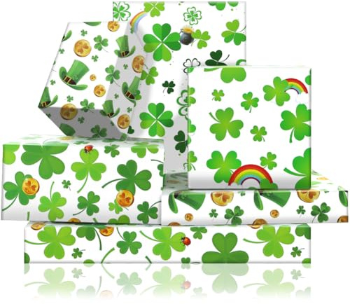 Grünes Kleeblatt-Geschenkpapier mit Goldmünze und Marienkäfer auf weißem Papier, 8 Bögen Geschenkpapier, flach gefaltet, 50 x 70 cm pro Blatt, für St. Patrick's Day, Geburtstage, Brautpartys