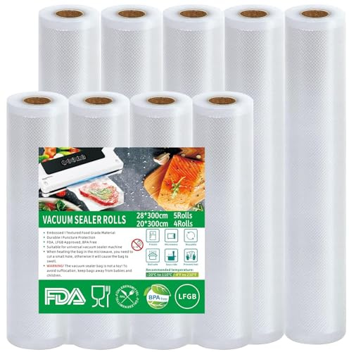 Votoko Vakuumbeutel Lebensmittel 9 Rollen Vakuumierbeutel, 20cmx12m + 28cmx15m Vakuumierfolie, BPA-frei, Reißfest, 190µm, Vakuumierrollen für alle Vakuumierer, Mikrowellen, Sous Vide Gefrierbeutel