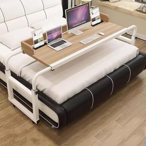 Table de lit réglable avec roulettes - Hauteur et longueur réglables - Pour plateau de nourriture, ordinateur portable, usage médical, support de bureau roulant pour ordinateur, couleur bois