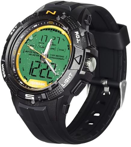 TEKMAGIC Herren Armbanduhr 10ATM Wasserdicht zum Schwimmen und Tauchen mit Wecker, Stoppuhr, Timer, Dual Timer, Kalender, Hintergrundbeleuchtung, 12 oder 24 Stunden Format, Digital Analog Display,
