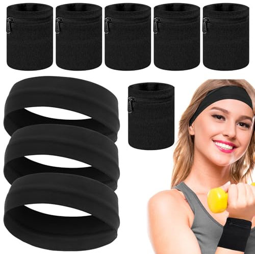 6 Stück Schweißband, Handgelenktasche Handgelenktasche Mit Praktischer Reißverschlusstasche Schweißband Handgelenk,Geeignet zum Walken Radfahren Laufen und Yoga,Kommt Mit 3 Sport-Stirnbändern