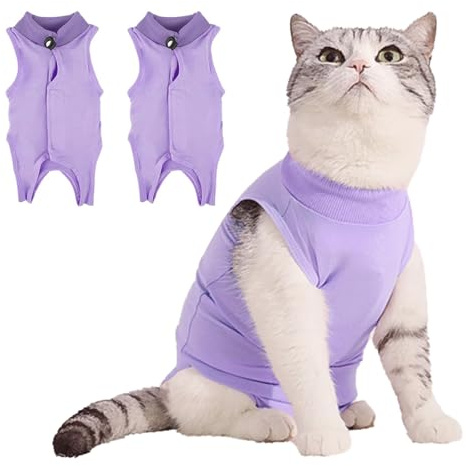 2Pcs Recovery Suit Erholungsanzug Kleidung, Haustiere Schutz Kleidung für Katzen, Chirurgischer Genesungsanzug Katzen Erholungsanzug, Operationsgenesungsanzüge für Katzen (Lila, L)
