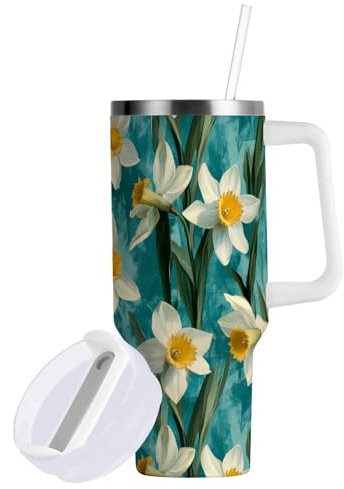 FRODOTGV Aesthetic Narcissus - Vaso aislado al vacío turquesa con pajilla, resistente a fugas, botella de agua abatible de 30 onzas con asa, reutilizable, taza de café extragrande para senderismo,