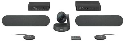 Logitech 960-001242 Rally Plus 4K UltraHD (UHD) - Kit de cámara de videoconferencia, cámara de rally, pantalla y centro de mesa, 2 altavoces de rally, 2 cápsulas de micrófono Rally, control remoto