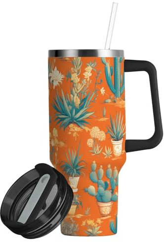linqin Blauer Kaktus Orange Vakuumbecher isoliert mit Deckel und Strohhalm, 850 ml, Wasserflasche mit Riemen, wiederverwendbarer Reise-Kaffeebecher mit Griff, für Wasser, Eistee oder Kaffee