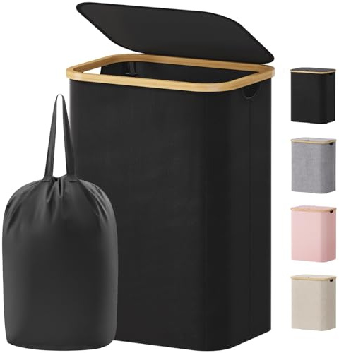 Lifewit 80L Laundry Basket with Lid, Clothes Hampers for Laundry with Bamboo Handles and 1 Removable Bag, Large Foldable Laundry Hamper for Bedroom, Bathroom, Dorm, Laundry Room, Black