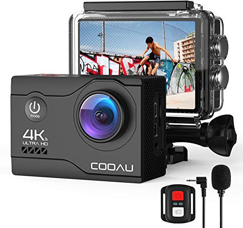 COOAU Action Cam HD 4K 64MP WiFi EIS Stabilization with External Microphone Underwater Camera 40M with Remote Control Waterproof Video Camera 170° Wide Angle Time Lapse/2 Batteries (Black)