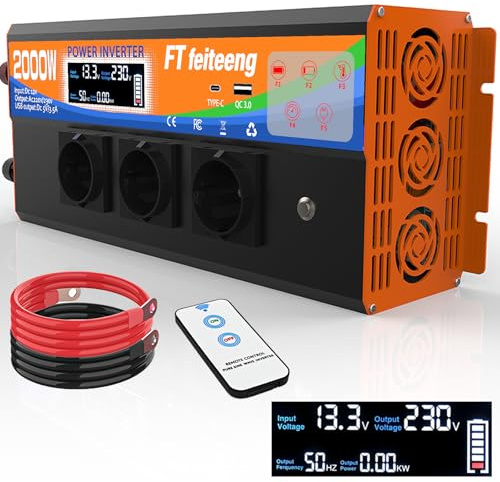 Convertisseur 12v 220v 2000 W/4000 W (crête),onduleur transformateur 12v 220v CC CA Transformateur de Courant pour Voiture, Caravane, Bateau, Camping