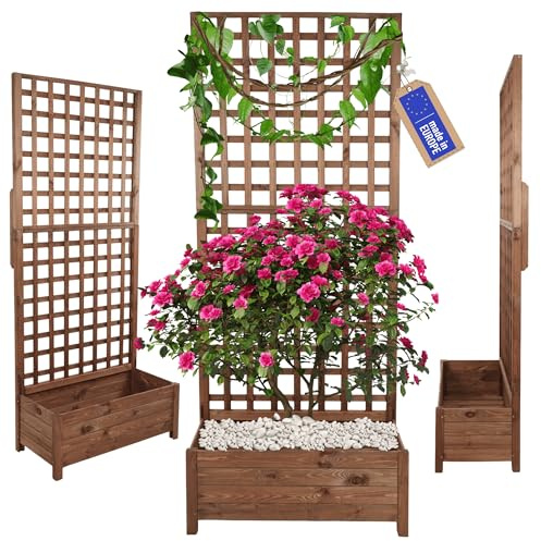 MODO24 Blumenkasten aus Kiefernholz mit Rankgitter, Pflanzkübel mit Spalier Rankhilfe, Hochbeet, Blumenkübel Outdoor Holzkiste für Garten Terrasse Balkon, 190x80x40, Braun, Imprägniertes Holz